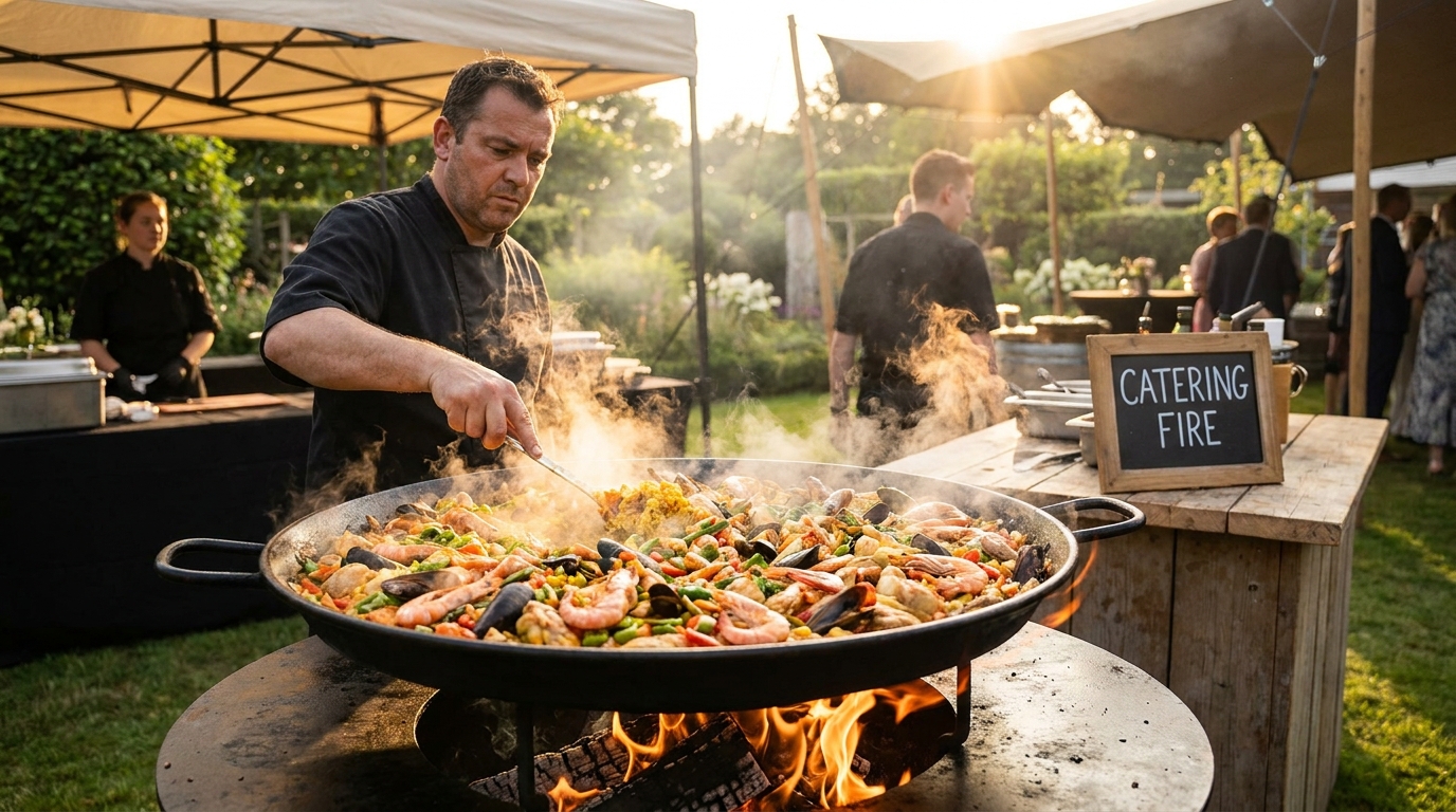 Chef bereidt paella boven het vuur op locatie
