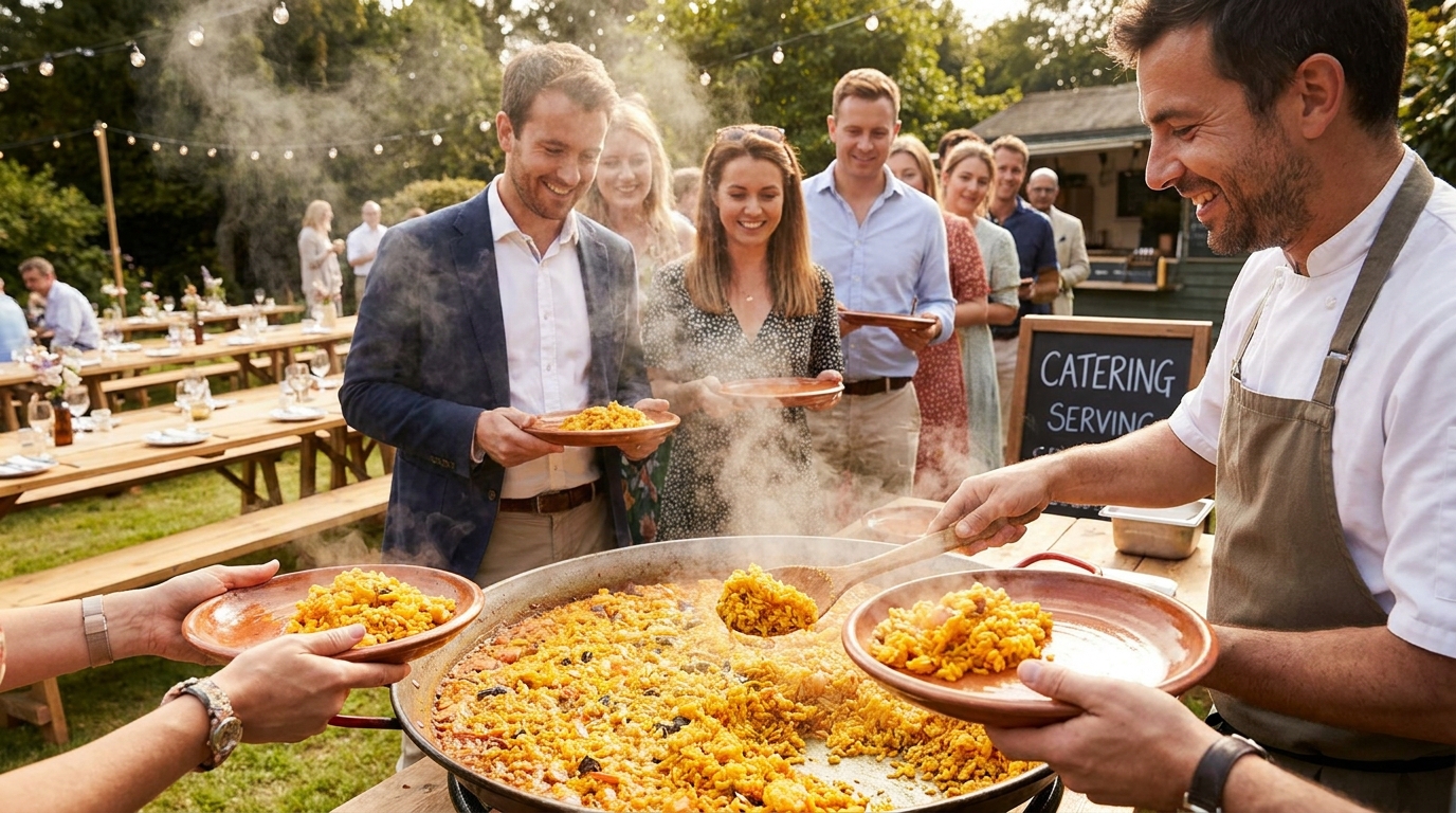 Chef serveert verse paella aan gasten