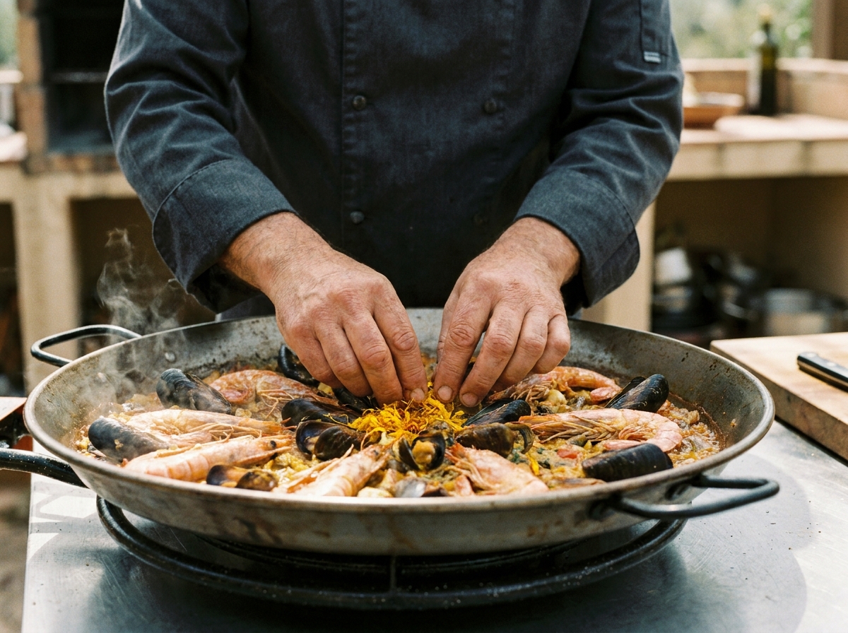 Chef verdeelt de ingrediënten zorgvuldig over de pan