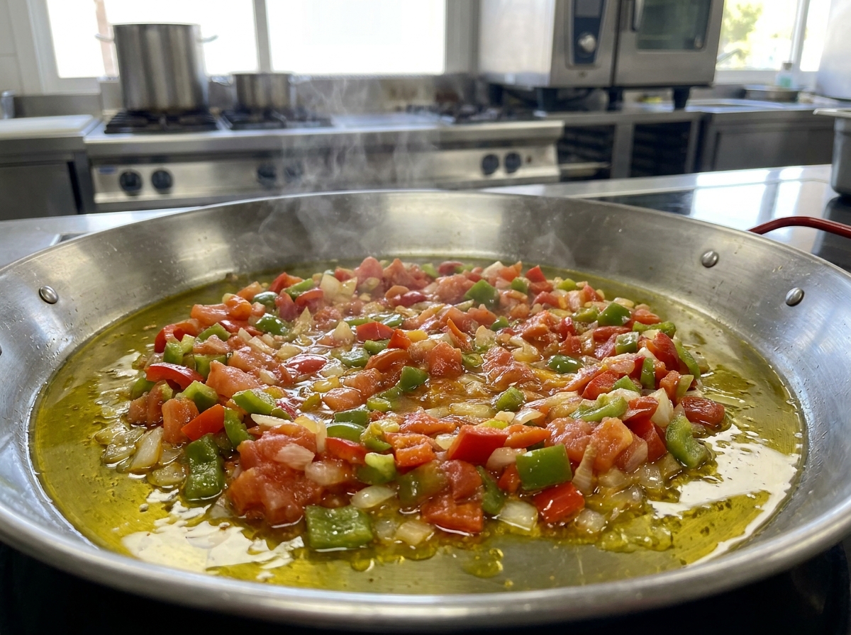 Tomaat, paprika en ui worden tot sofrito bereid